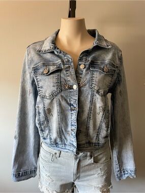 Esqualo Jeans Acid Wash Palm Tree Denim Jacket Embroidered Light Wash